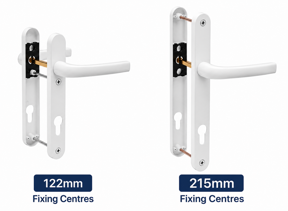 UPVC Door Handle White Sprung Pair Lever 92mm PZ Double Glazing 122mm and 215mm Fixings