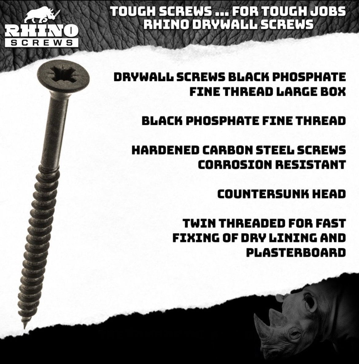 Drywall Screws Black Fine Thread Plasterboard Drylining Wood Studding 1000pcs