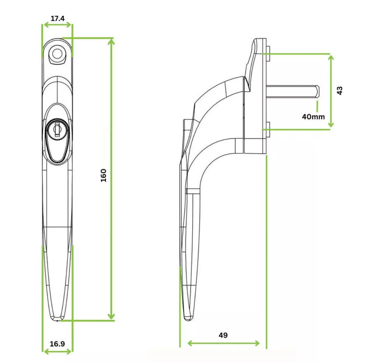 uPVC Universal Window Handle Inline Locking Espag Double Glazing White