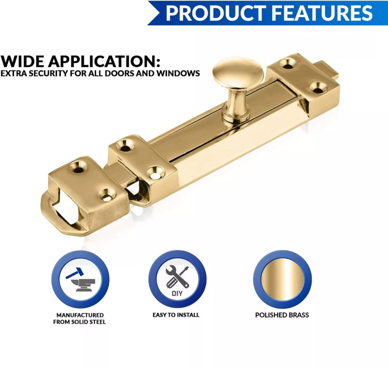 HEAVY DUTY BRASS DOOR BOLT 100mm/4" With Screws